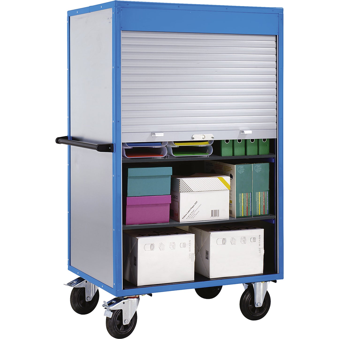Cupboard trolley, roller shutter made of aluminium, with 4 shelves.