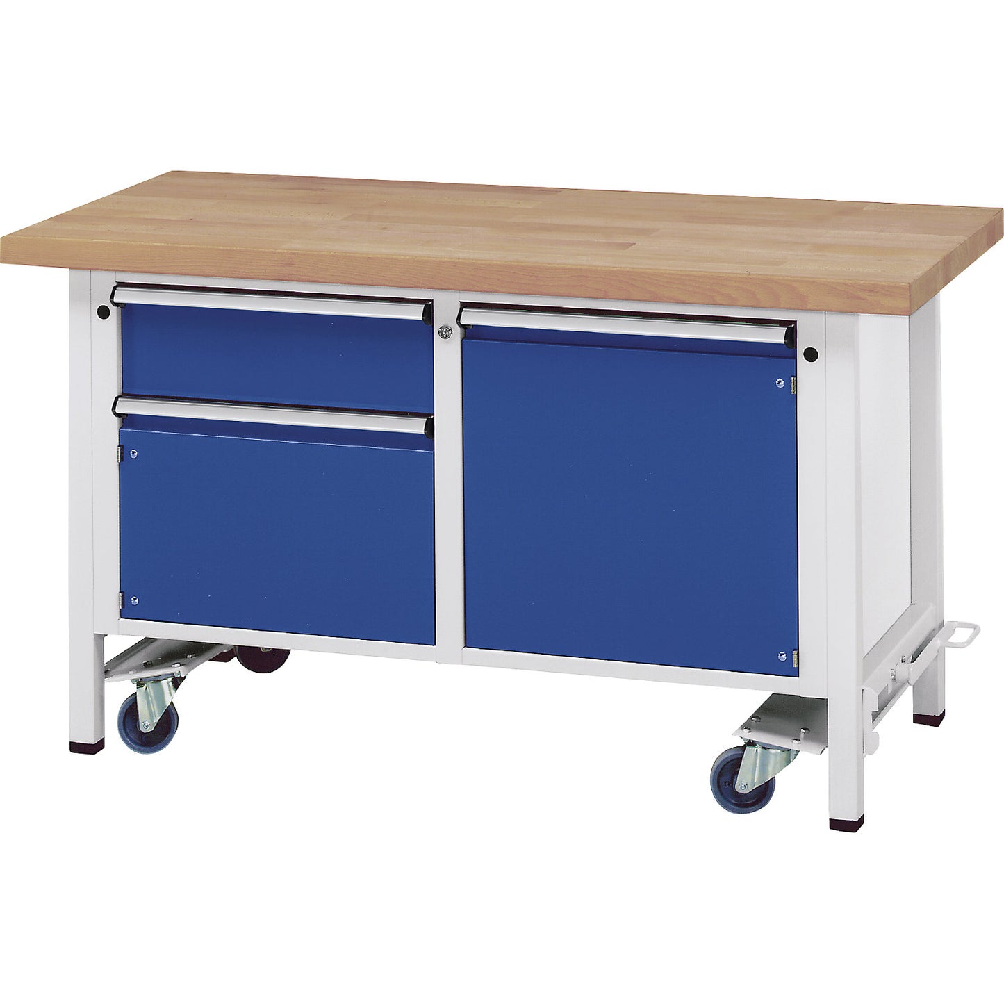 Compact workbench, mobile, mobile, with 1 drawer and 2 cupboards, width 1500 mm.