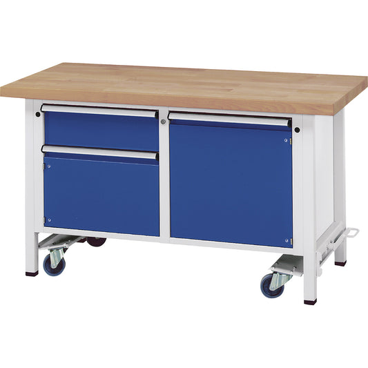 Compact workbench, mobile, mobile, with 1 drawer and 2 cupboards, width 1500 mm.