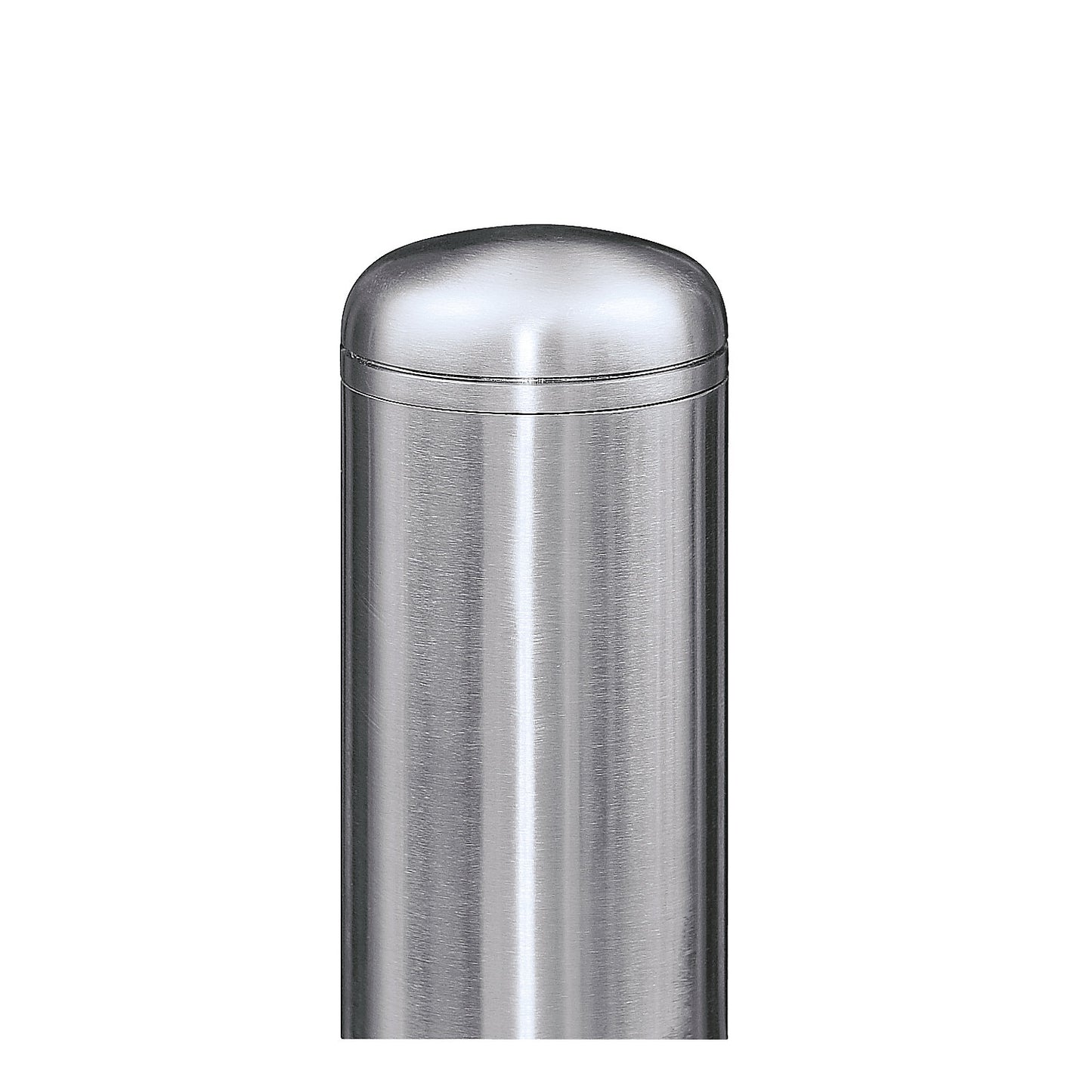 Stainless steel barrier post, with end cap, base plate to bolt in place, Ø 102 mm.
