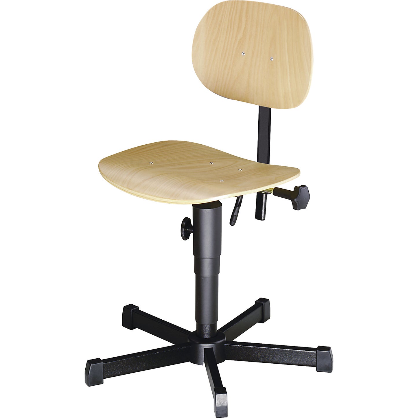 Industrial swivel chair, manual height adjustment, with floor glides, wood.
