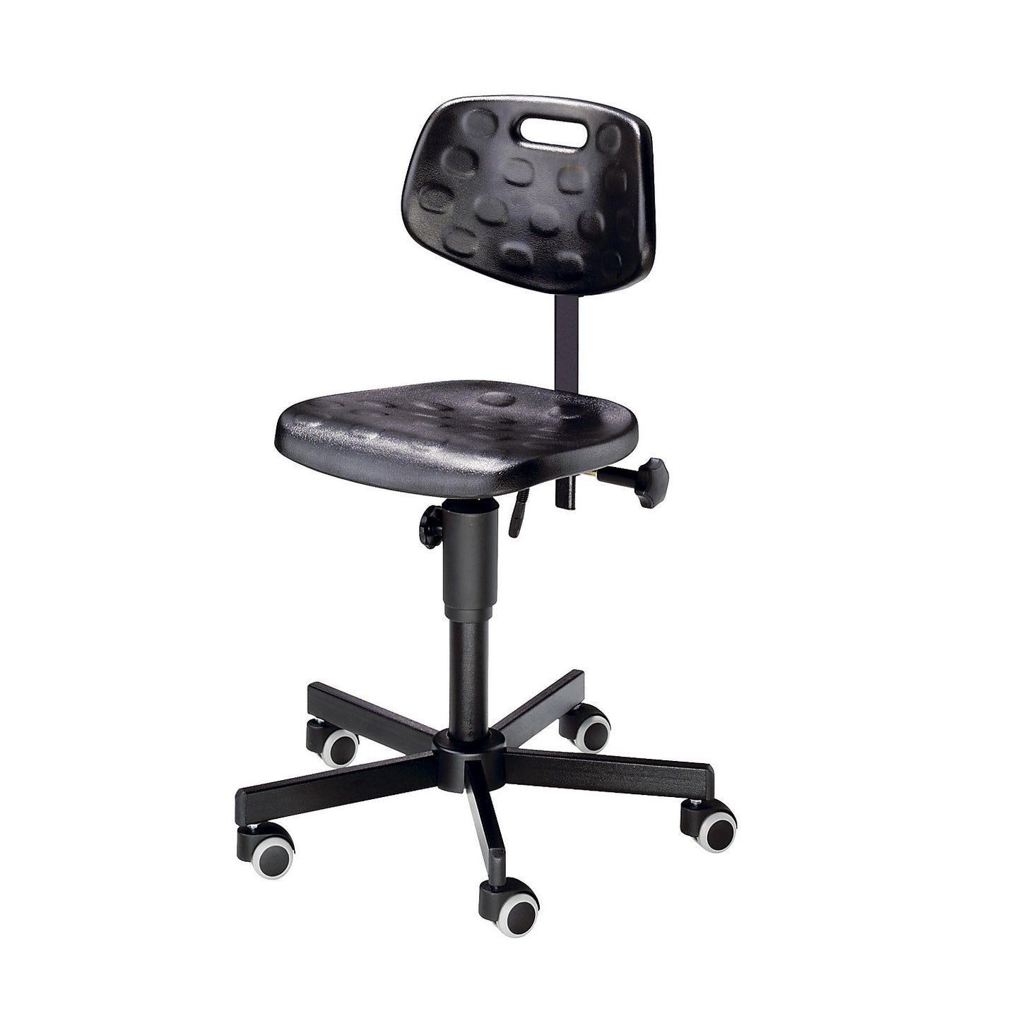 Industrial swivel chair with PU foam seat, without foot rest, with load dependent braked castors.