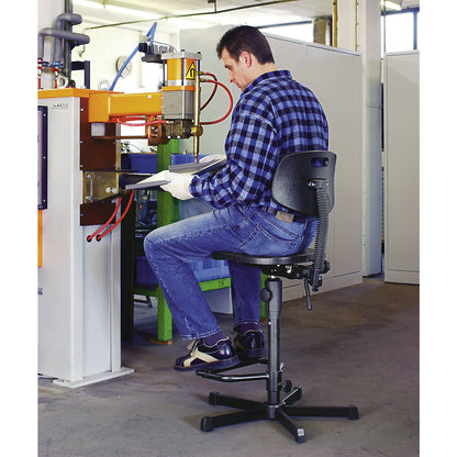 Industrial swivel chair with PU foam seat, with foot rest, with floor glides and foot rest.