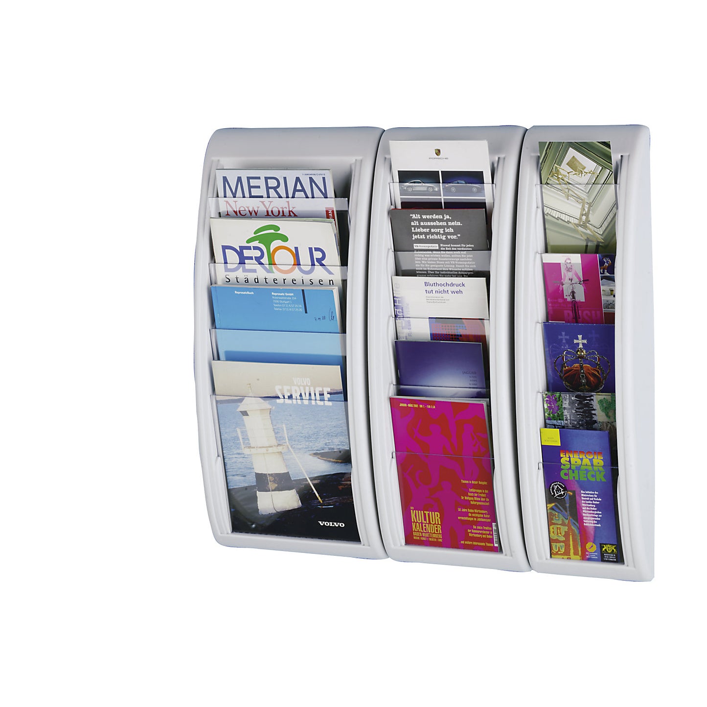 Wall mounted brochure racks, 4 compartments for A4, light grey, pack of 2.
