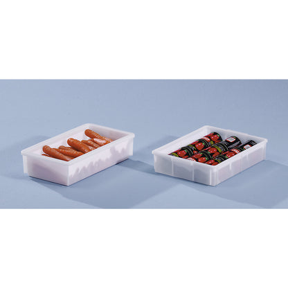Plastic stacking container, capacity 9.4 l, external dimensions LxWxH 428 x 307 x 88 mm, natural.