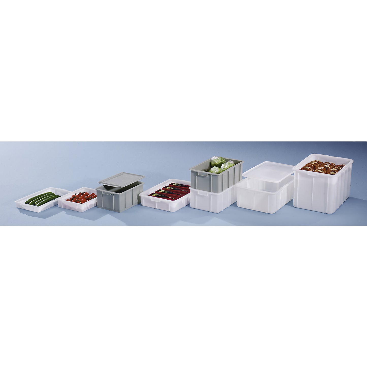 Plastic stacking container, capacity 9.4 l, external dimensions LxWxH 428 x 307 x 88 mm, natural.