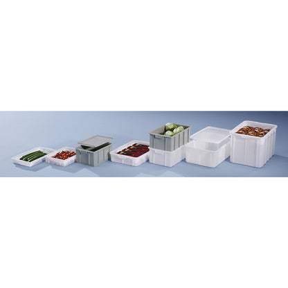 Plastic stacking container, capacity 9.4 l, external dimensions LxWxH 428 x 307 x 88 mm, natural.
