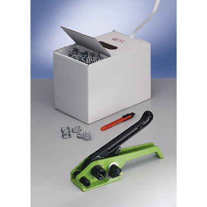 Strapping set, bonded reinforced PET strapping, tensioning tool, strapping in dispenser box, metal buckles, packing knife, strap width 16 mm.