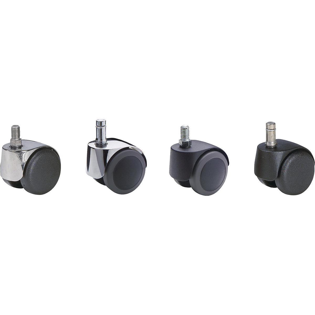 Chair castor, wheel Ø 50 mm, pack of 5, with socket pin with clamp ring, chrome plated, 10 x 22 mm, soft, for hard floors.