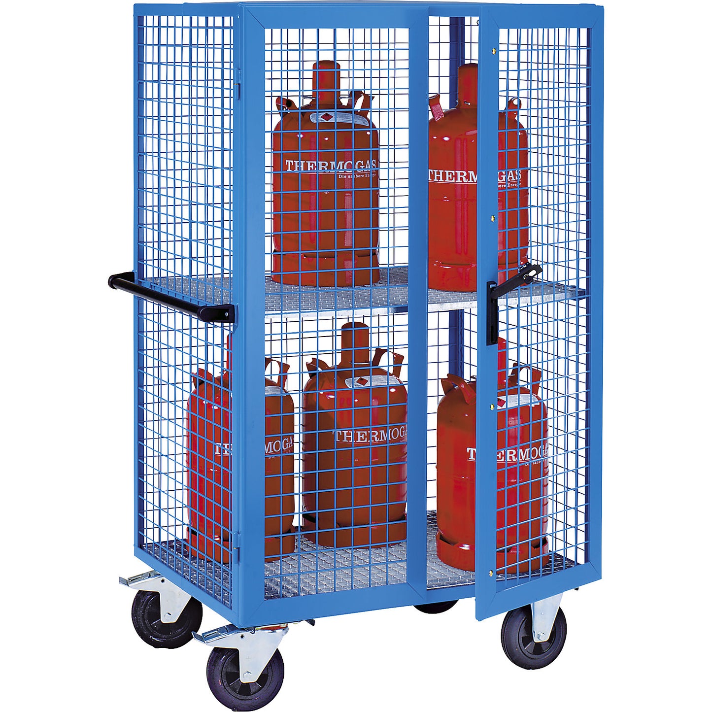 Gas cylinder cupboard, as trolley, max. load 500 kg, with 2 shelves.