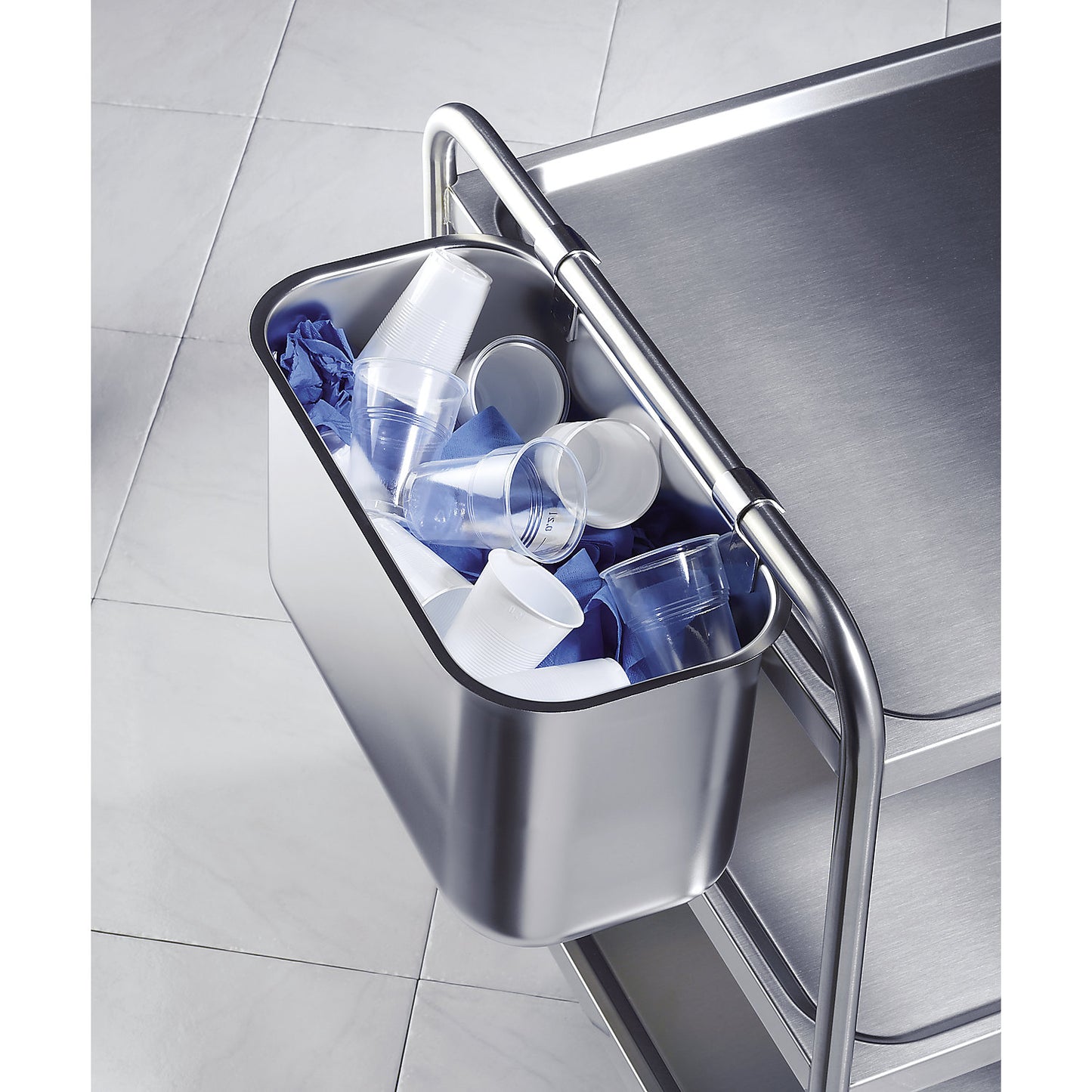 Waste container made of chrome nickel steel, to hang on push handle of table trolley, capacity 21 l.
