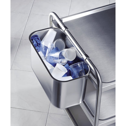Waste container made of chrome nickel steel, to hang on push handle of table trolley, capacity 21 l.