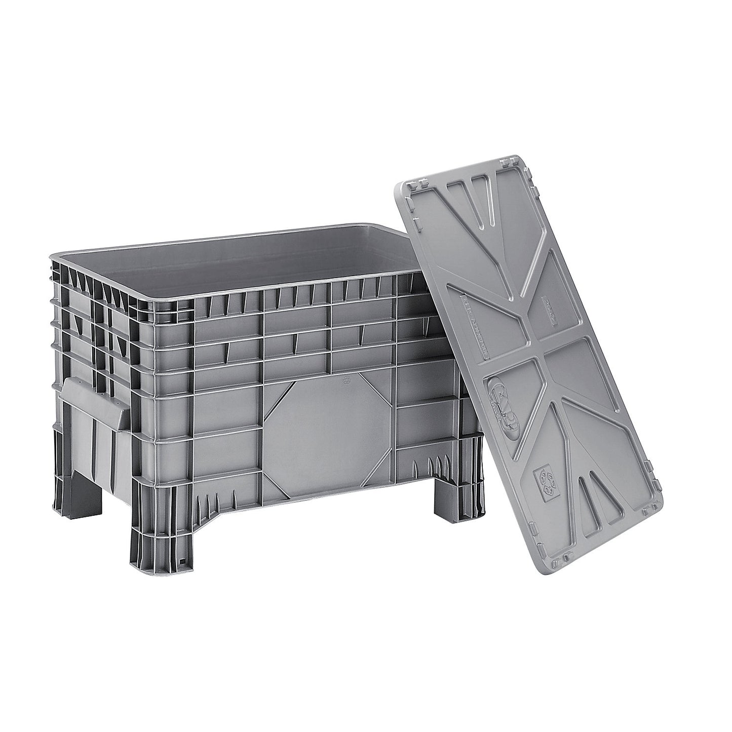 Polyethylene pallet box, capacity 285 l, 4 feet for forklift access, 1+ items.
