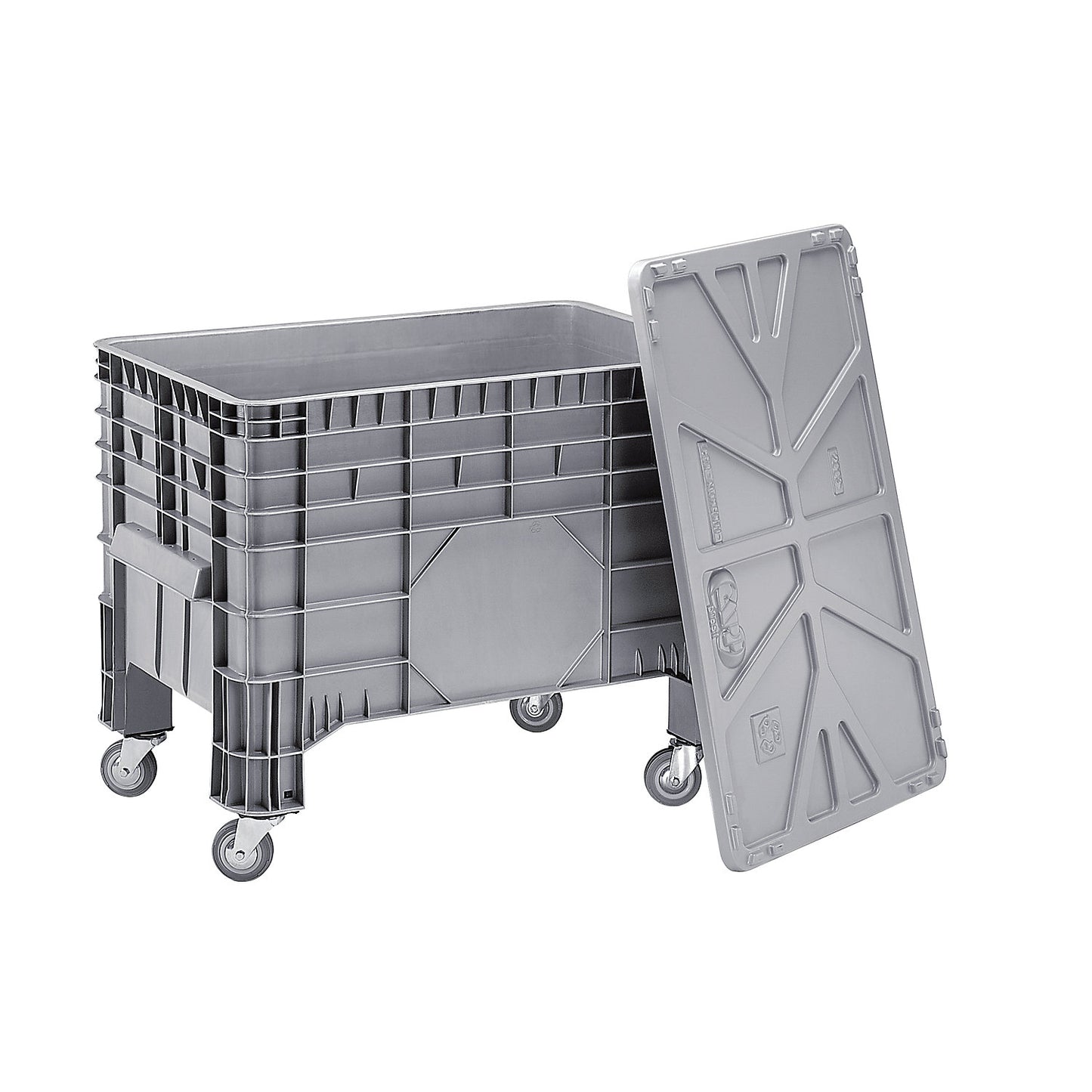 Polyethylene pallet box, capacity 285 l, 4 feet and 4 swivel castors, 1+ items.
