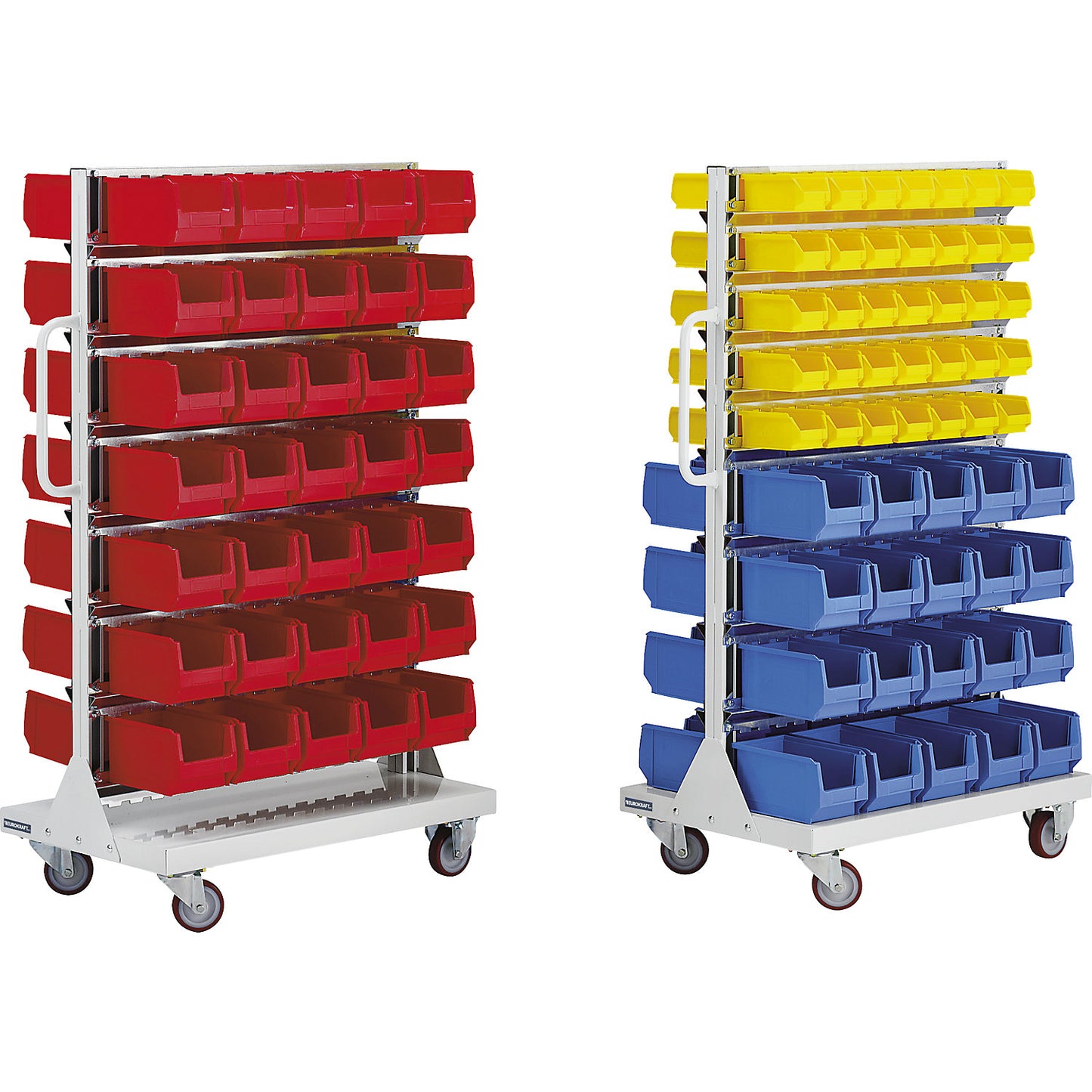 Mobile rack with open fronted storage bins, double sided, HxWxD 1450 x 1170 x 540 mm, with 98 bins.