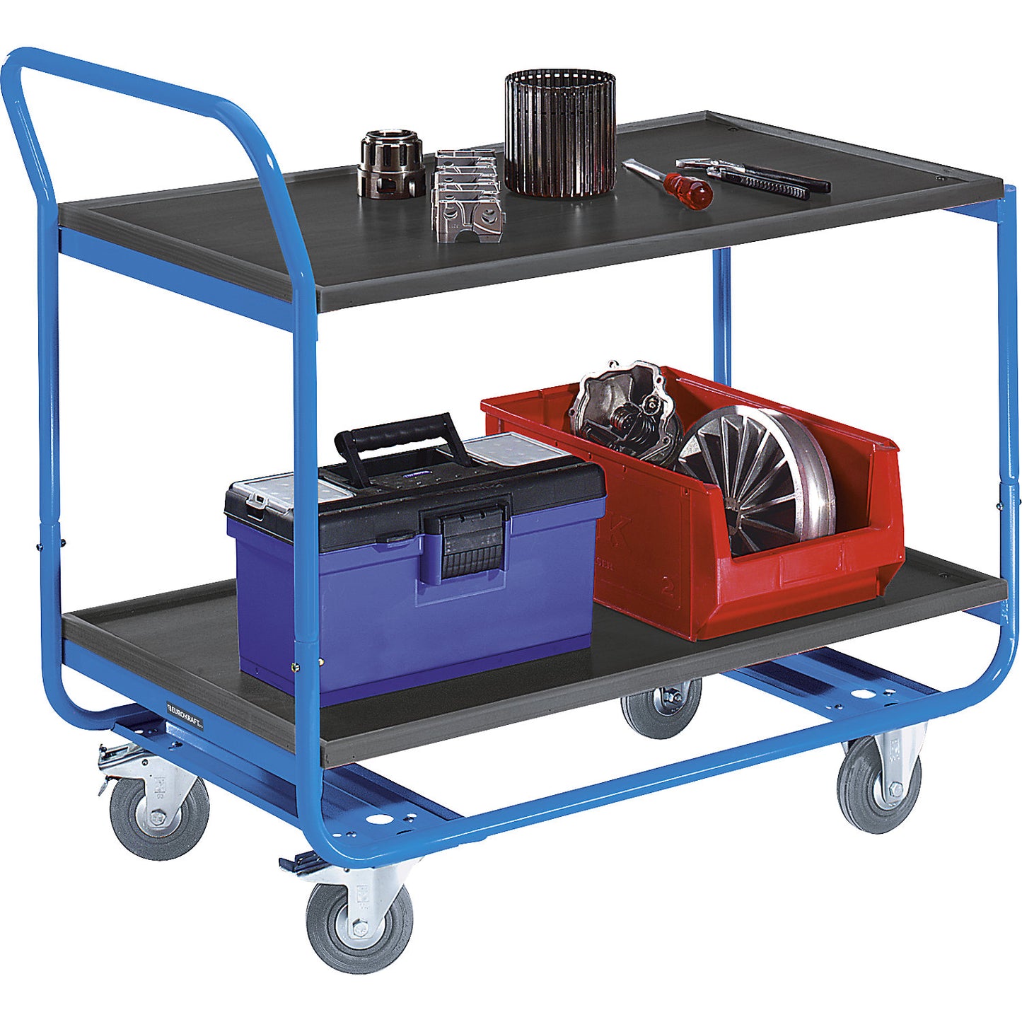 Table trolley, max. load 150 kg, 2 shelves with raised edges, solid rubber tyres, non-marking.