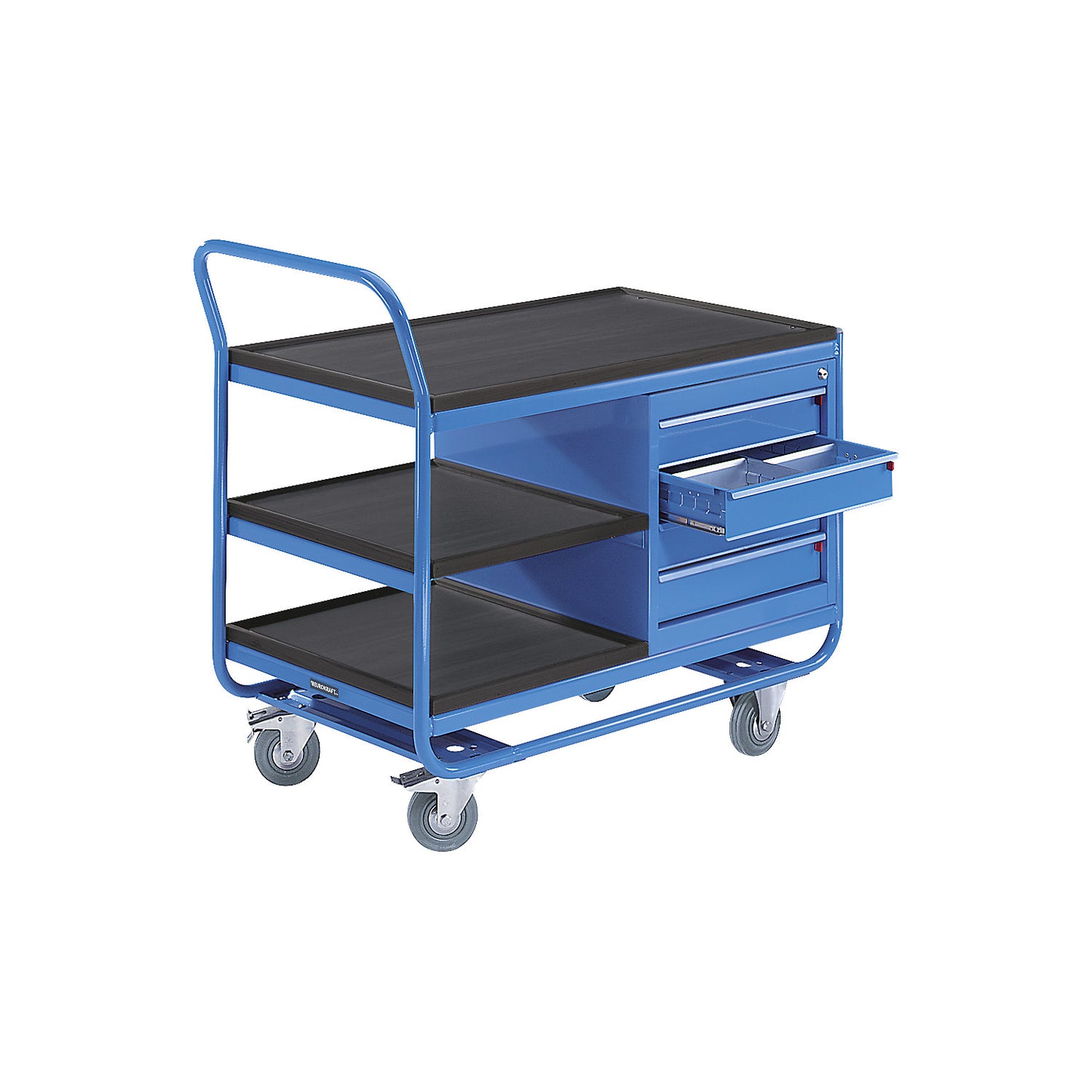 Industrial table trolley, 3 shelves, 1 drawer cupboard, solid rubber tyres, non-marking.