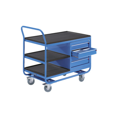 Industrial table trolley, 3 shelves, 1 drawer cupboard, solid rubber tyres, non-marking.