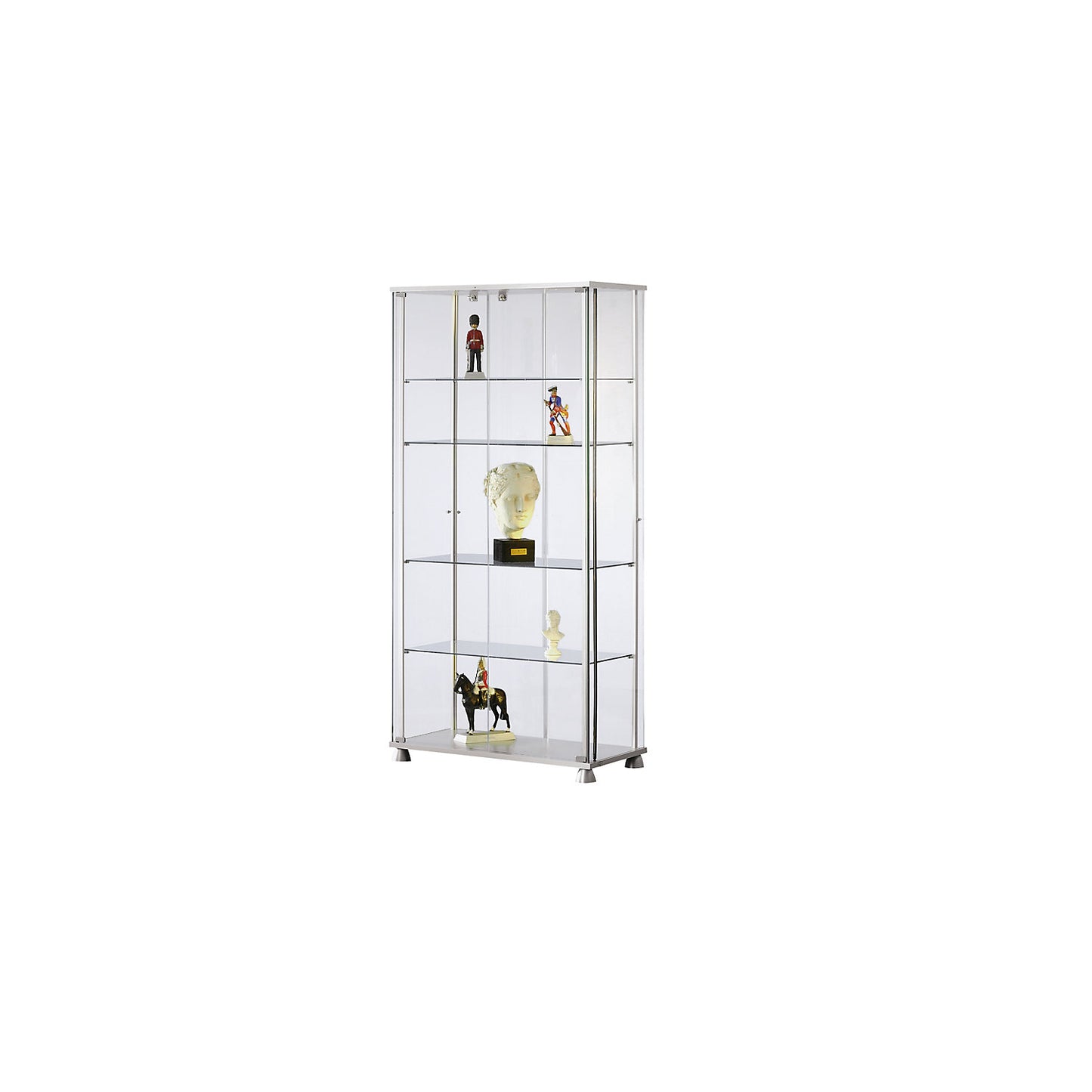 Glass display cabinet, 2 hinged doors, 4 designer castors, with LED lighting.