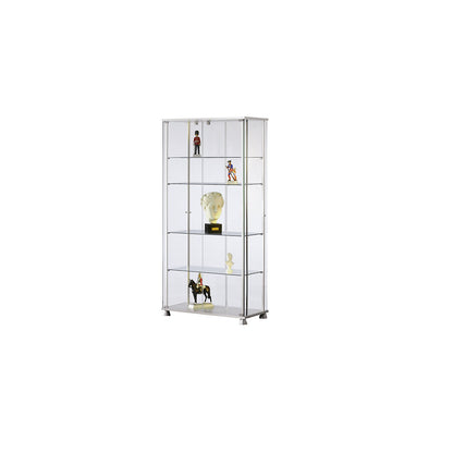 Glass display cabinet, 2 hinged doors, 4 designer castors, with LED lighting.
