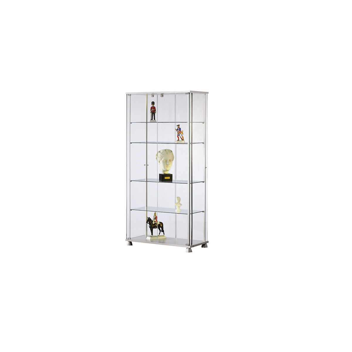 Glass display cabinet, 2 hinged doors, 4 designer castors.