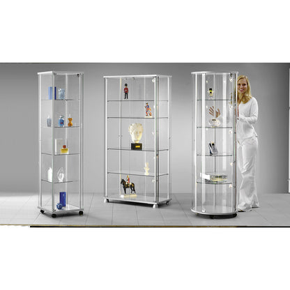 Glass display cabinet, 1 hinged door, 4 decorative feet, with LED lighting.