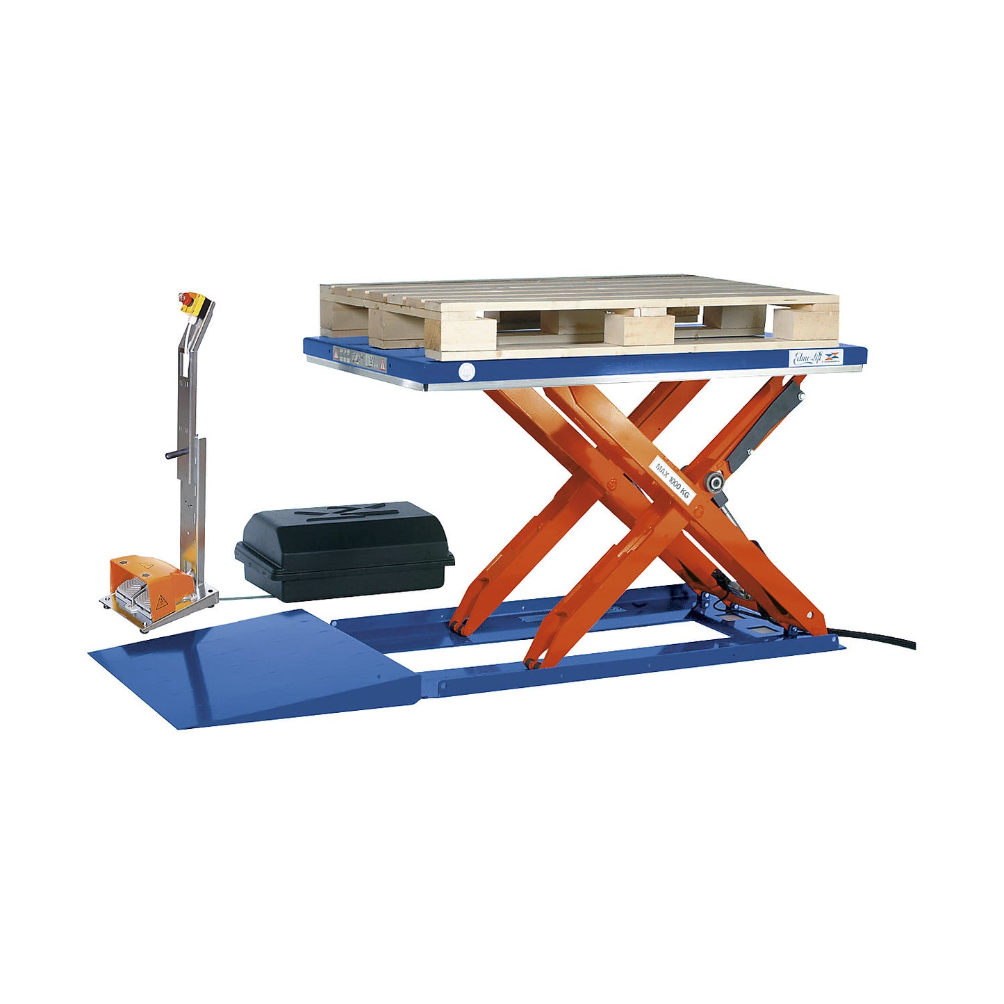 Low profile lift table, LxW 1500 x 1000 mm, lifting range up to 800 mm, closed platform, 400 V, with hand operated control unit.