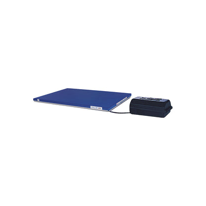 Low profile lift table, LxW 1350 x 800 mm, lifting range up to 900 mm, closed platform, 400 V, with hand operated control unit.