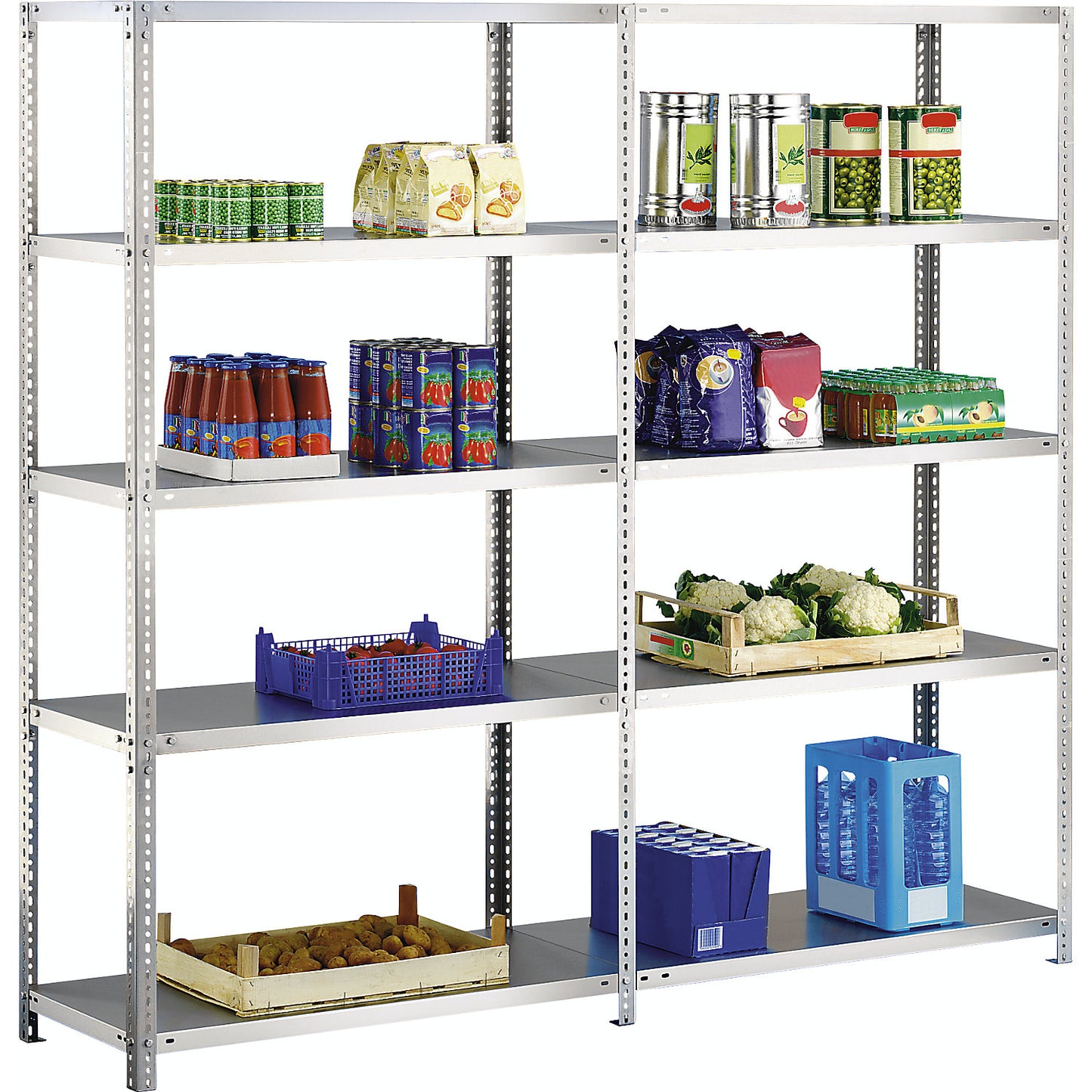 Stainless steel shelf unit, shelf height 2000 mm, standard shelf, width x depth 1100 x 500 mm.