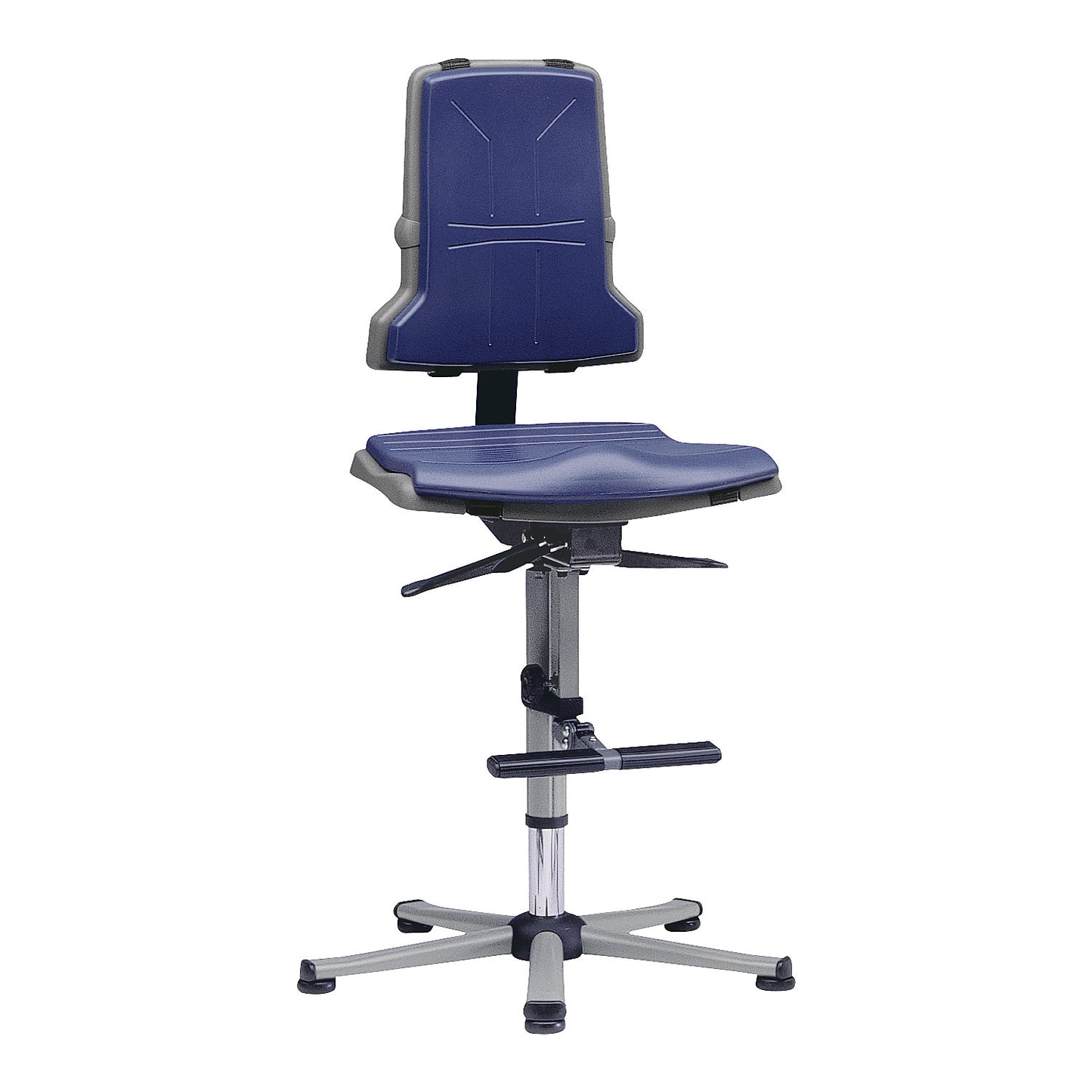 SINTEC industrial swivel chair, permanent contact, adjustable seat inclination, five-foot tubular steel base with glides and step.