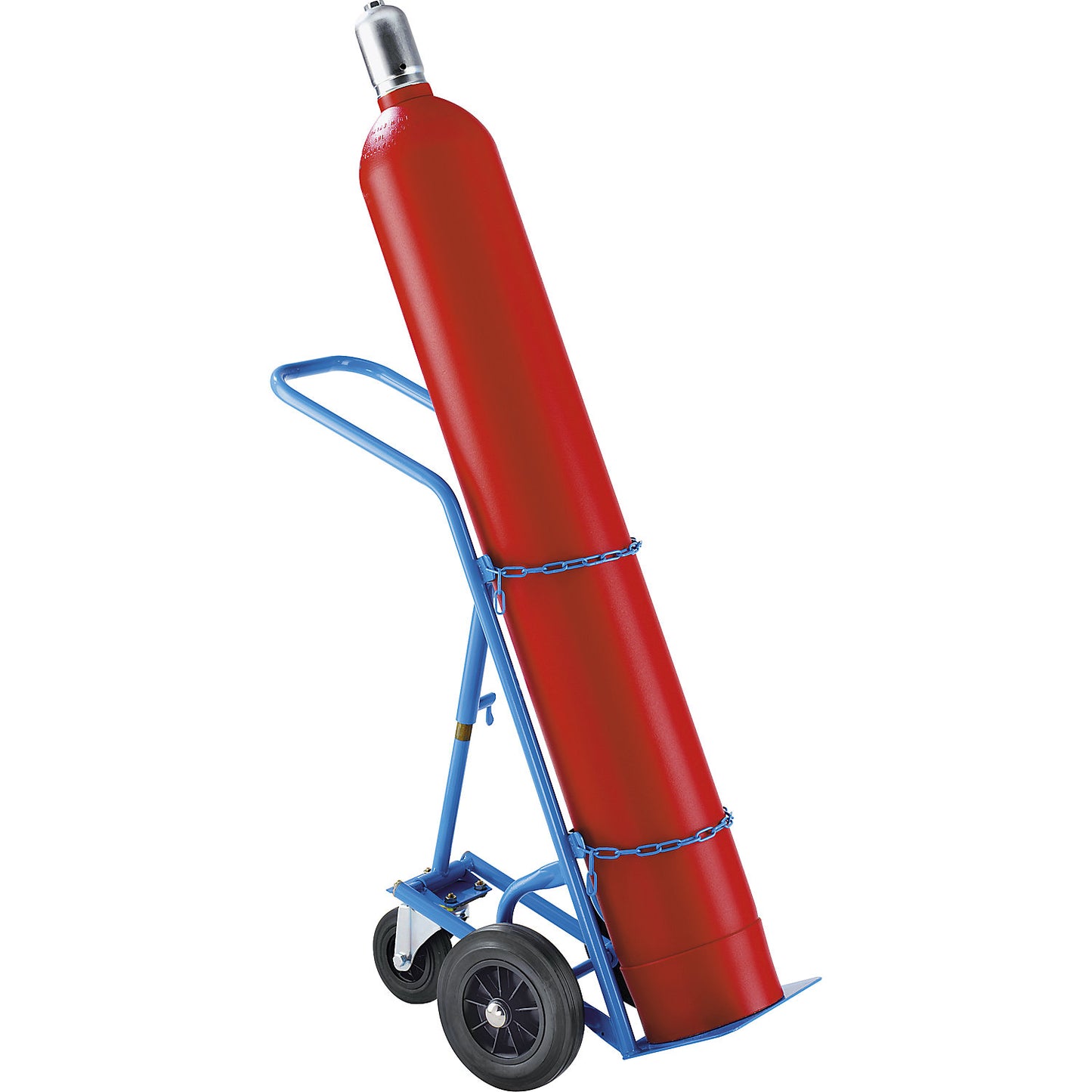 Steel and gas cylinder truck, for 1 steel cylinder up to Ø 285 mm, up to height 1.2 m, with support wheel, solid rubber tyres.