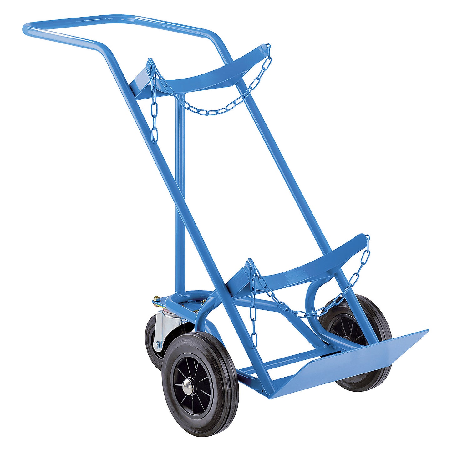 Steel and gas cylinder truck, for 1 steel cylinder with Ø up to 380 mm, with support wheel, solid rubber tyres.