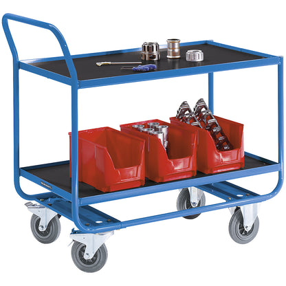Table trolley, 2 shelves with raised steel edges, solid rubber tyres, non-marking.