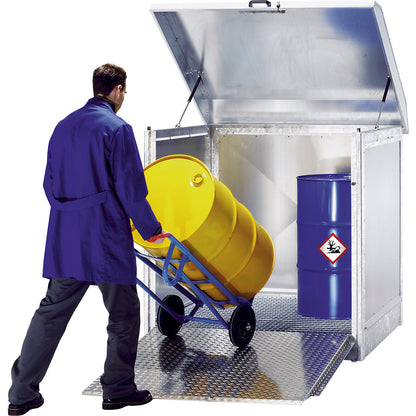 Hazardous goods storage unit, with aluminium door as loading ramp, for 4 x 200 litre drums, zinc plated.