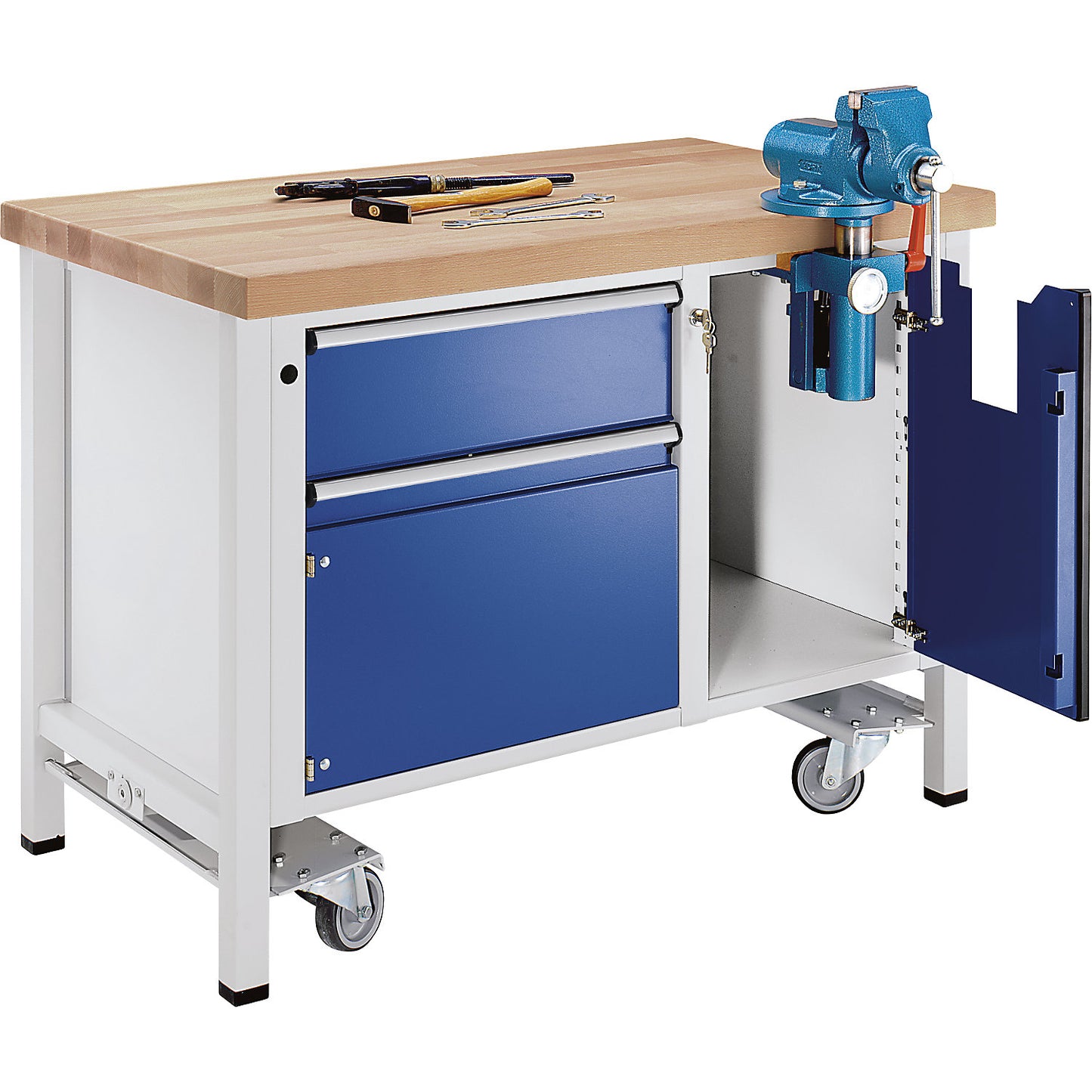 Compact workbench, mobile, mobile, with 1 drawer and vice, width 1270 mm.