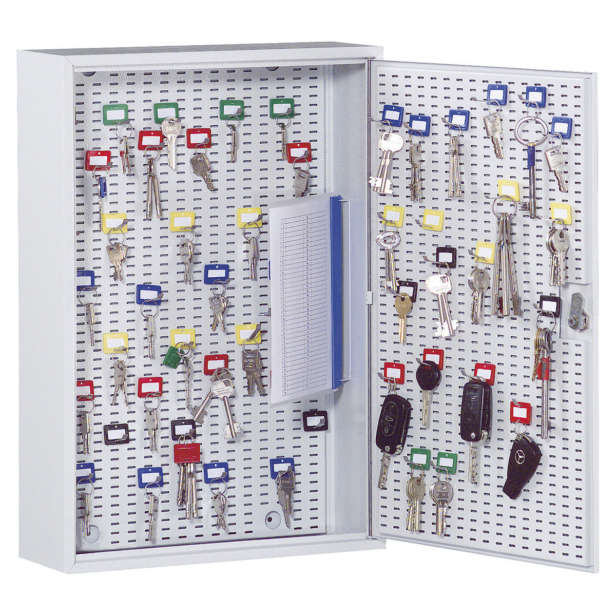 Key cabinet, light grey RAL 7035, HxWxD 550 x 380 x 205 mm, for 180 hooks.