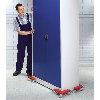 Transport dolly in a practical plastic case, made of sheet steel, for objects without legs, max. load 150 kg per item, pack of 4.