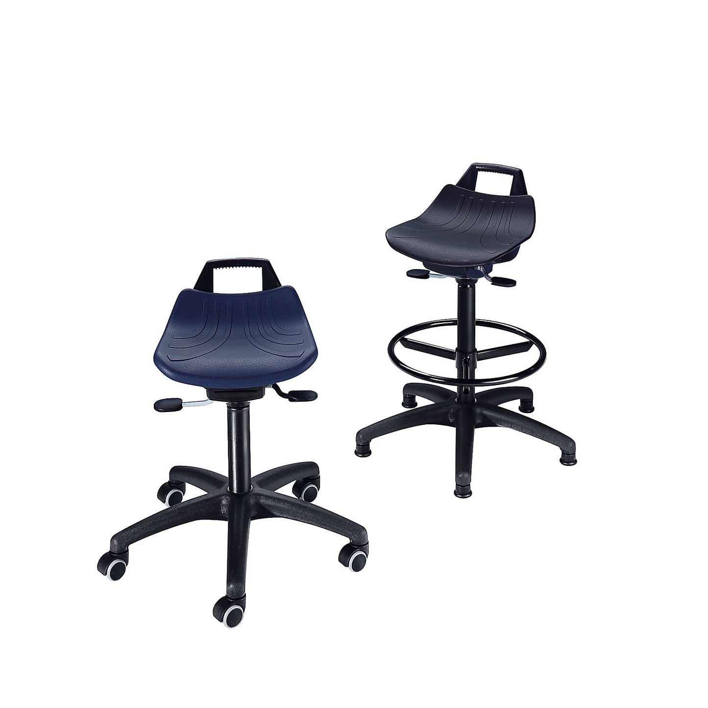 Stool with gas-lift height adjustment, with glides, polyurethane foam seat in blue.