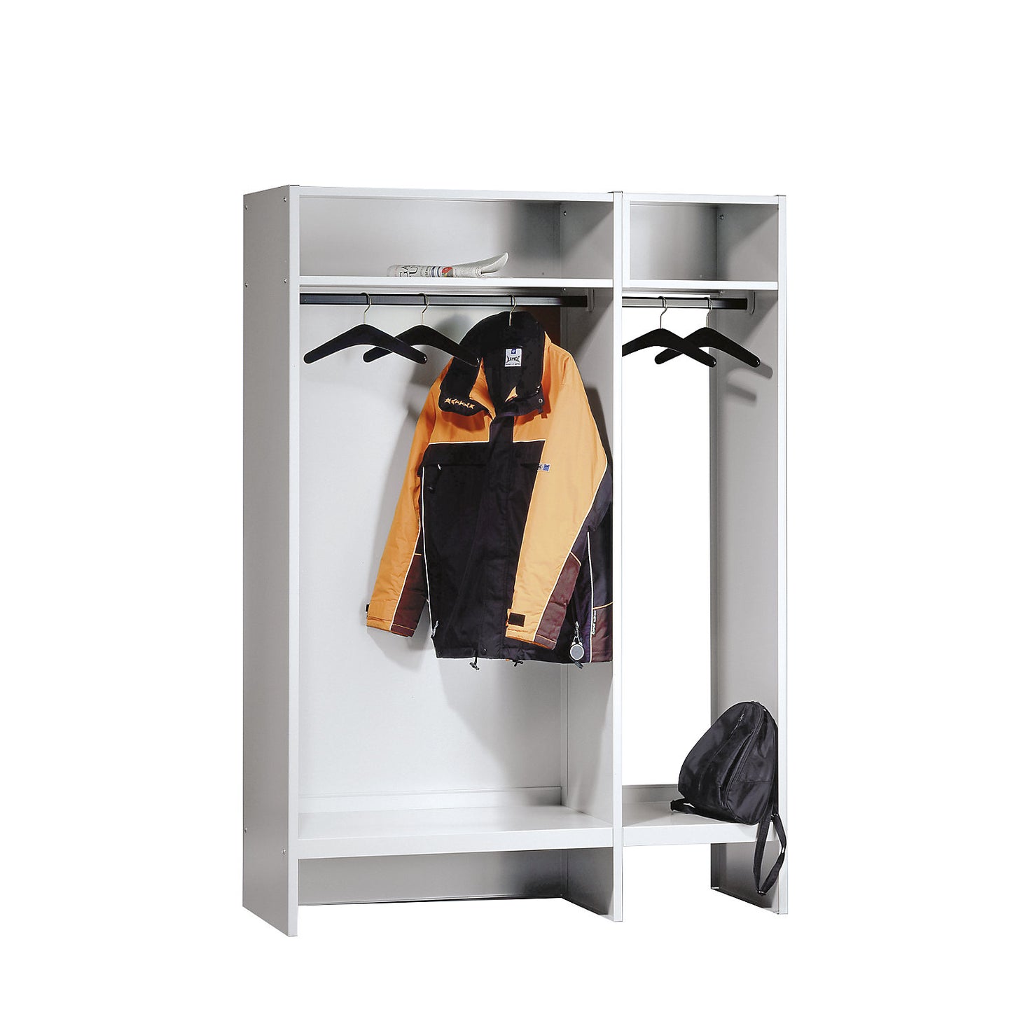 Open coat rack, light grey RAL 7035, with 15 coat hangers.