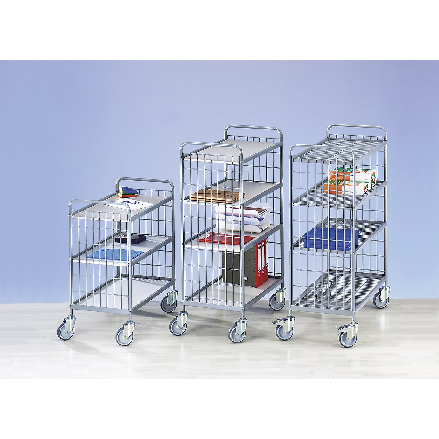 Office shelf trolley, max. load 150 kg, shelves / panels plastic coated in light grey, 3 shelves, 4 swivel castors.