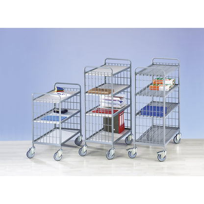 Office shelf trolley, max. load 150 kg, shelves / panels plastic coated in light grey, 3 shelves, 4 swivel castors.