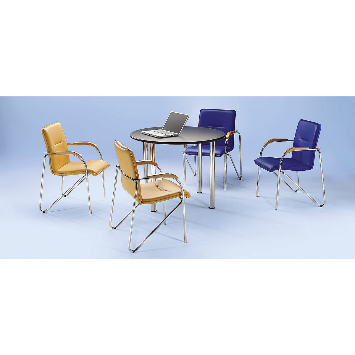 Stacking armchair with vinyl cover, chrome plated frame, pack of 2, upholstery colour blue.