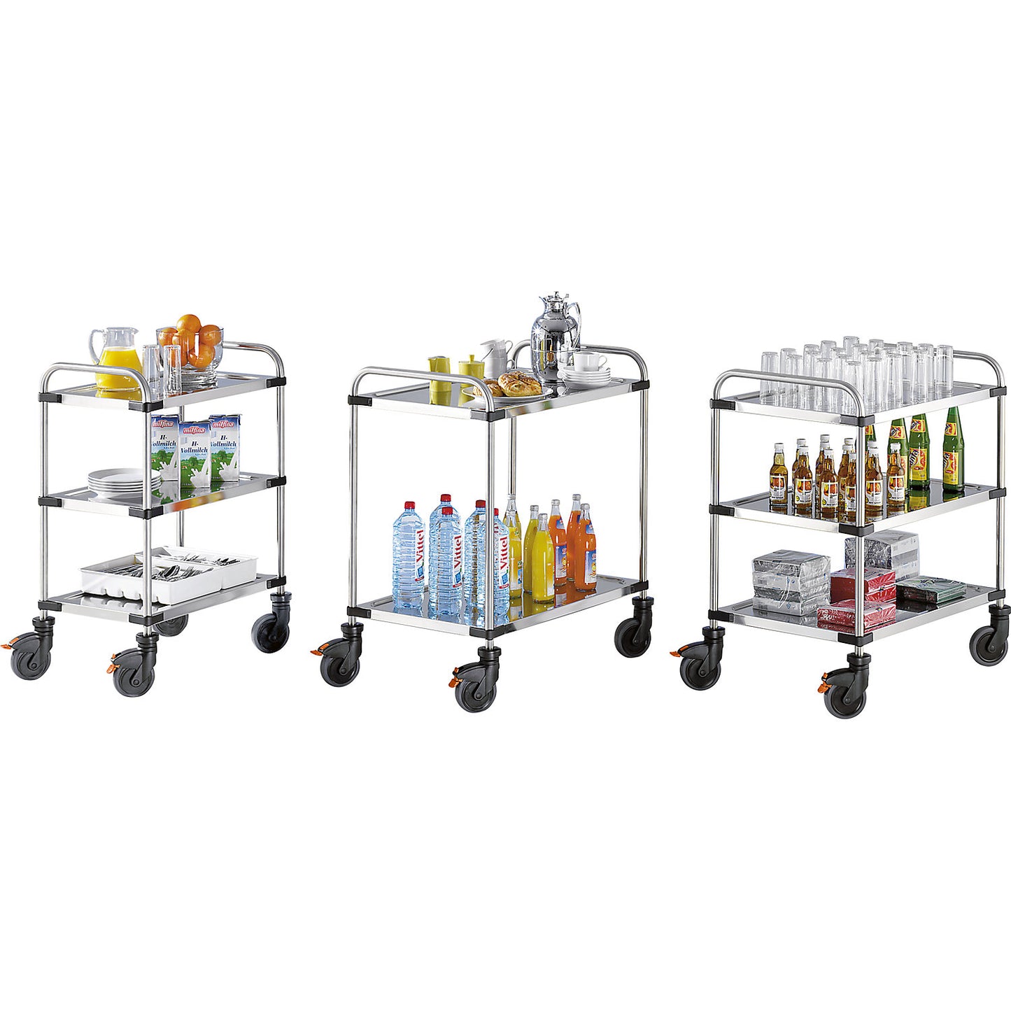 VARITHEK SERVO+ stainless steel table trolley, LxWxH 870 x 570 x 950 mm, platform 800 x 500 mm, 2 shelves, max. load 120 kg.