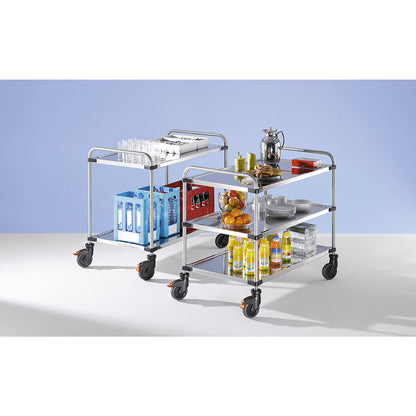 VARITHEK SERVO+ stainless steel table trolley, LxWxH 1070 x 670 x 950 mm, platform 1000 x 600 mm, 3 shelves, max. load 150 kg.