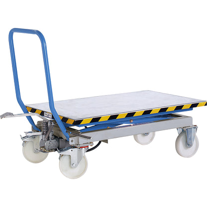Scissor lift platform truck, max. load 500 kg, manual lifting, lifting range 460 - 1070 mm, nylon wheels.