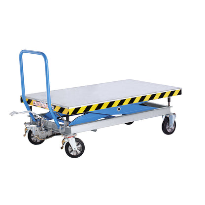 Scissor lift platform truck, max. load 1000 kg, manual lifting, lifting range 510 - 1400 mm, elastic wheels.