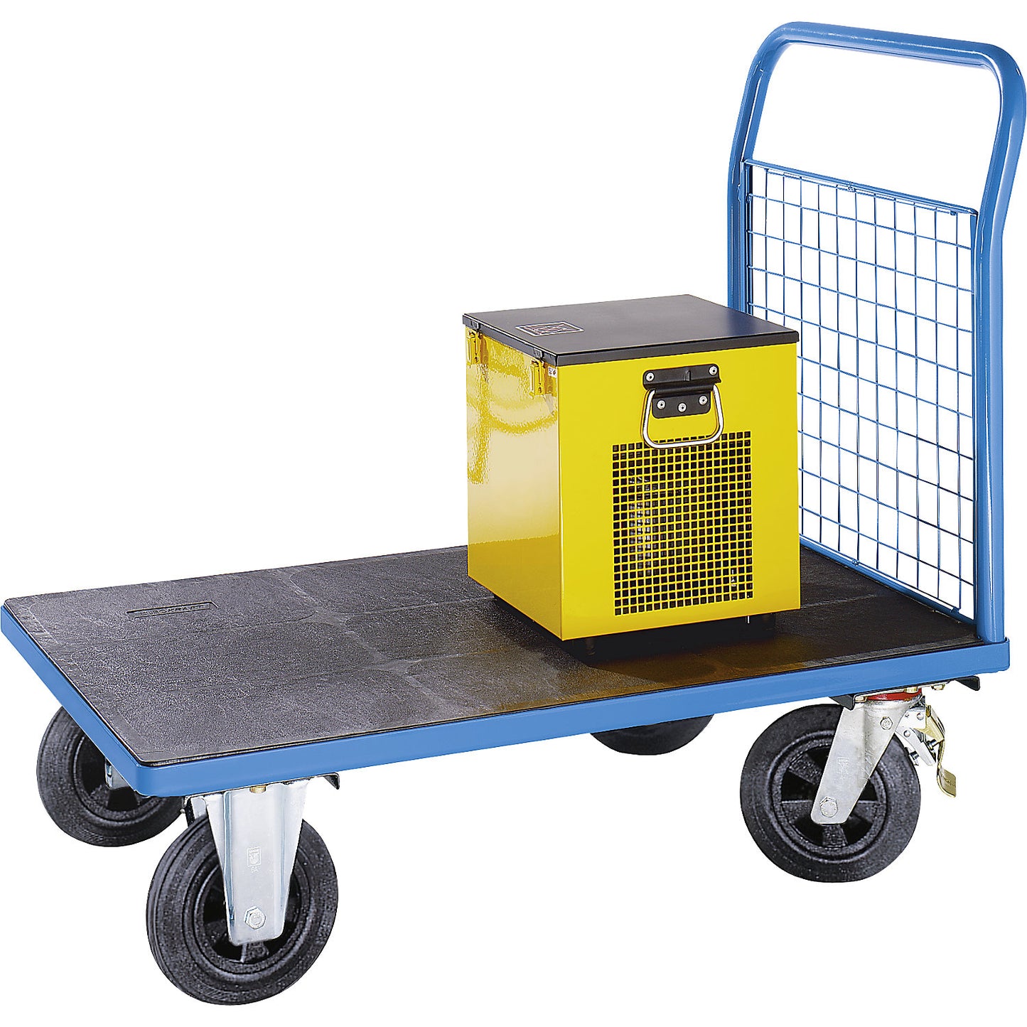 Platform truck with mesh panels, 1 high mesh end panel, LxW 1250 x 800 mm, solid rubber tyres.