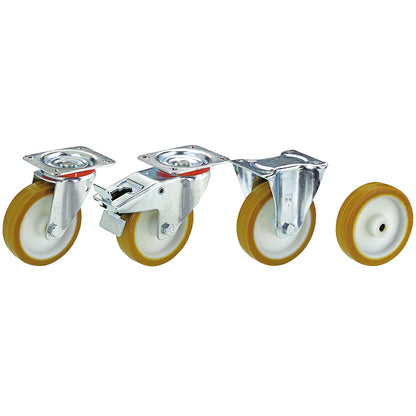 Polyurethane tyres on nylon rims, wheel Ø x width 100 x 35 mm, overall height 128 mm, swivel castor with double stop, roller bearings.