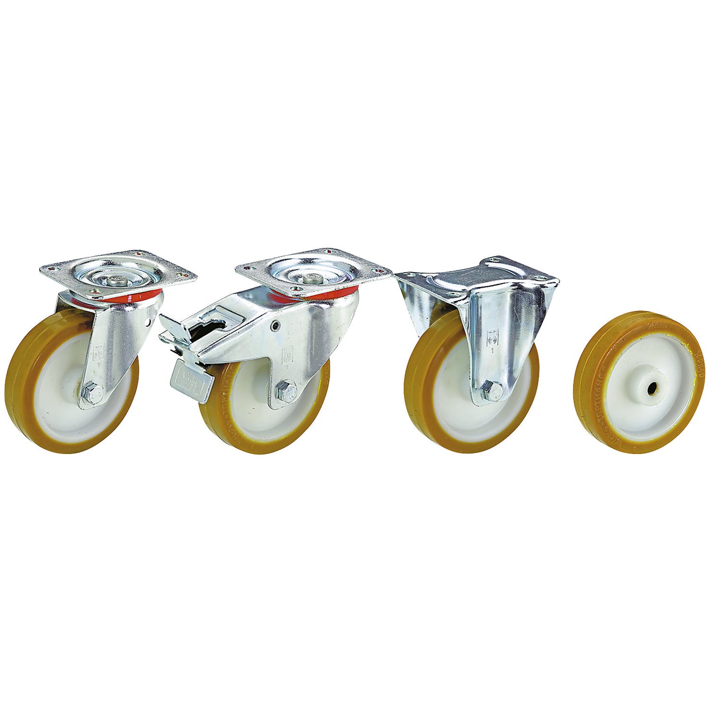 Polyurethane tyres on nylon rims, wheel Ø x width 125 x 38 mm, max. load 200 kg, fixed castor with roller bearings.