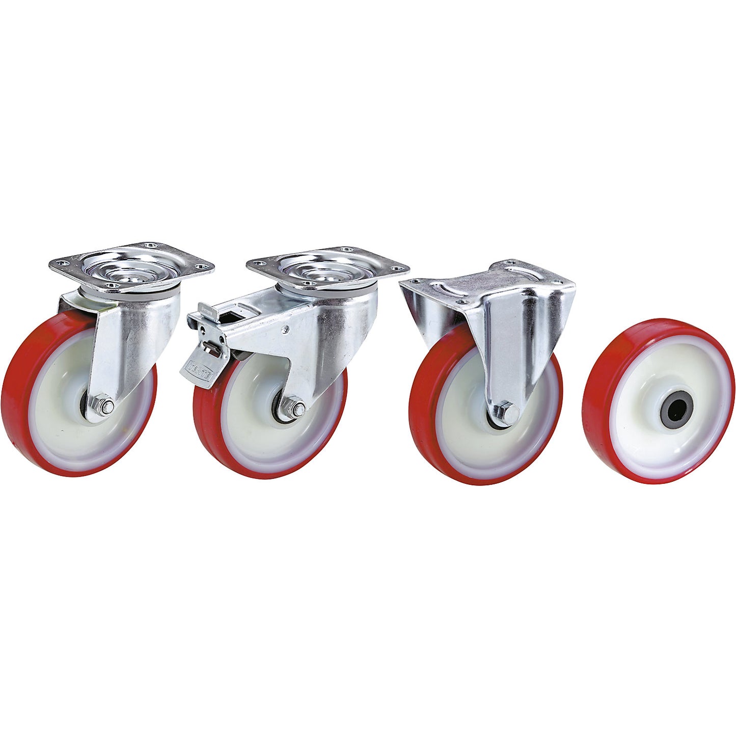 Polyurethane tyre on nylon rim, wheel Ø x width 160 x 40 mm, swivel castor with wheel stops.